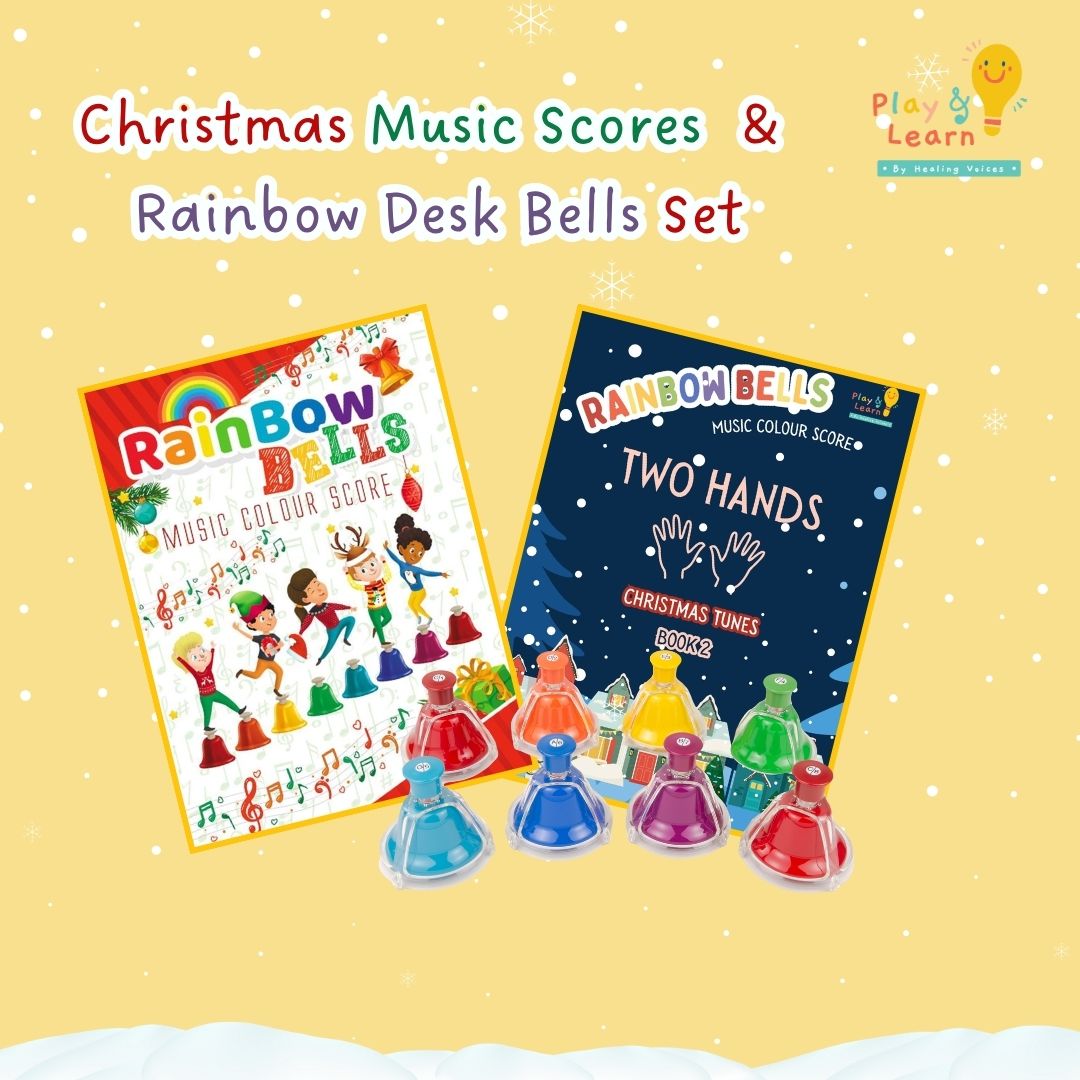 Christmas Set E: Rainbow Desk Bells (8 notes) + Christmas Music Score Book 1  & 2