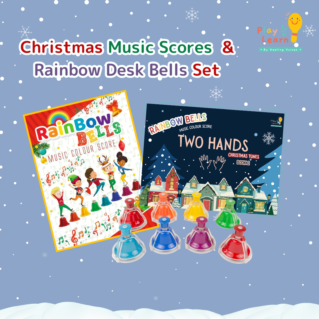 Christmas Set E: Rainbow Desk Bells (8 notes) + Christmas Music Score Book 1  & 2