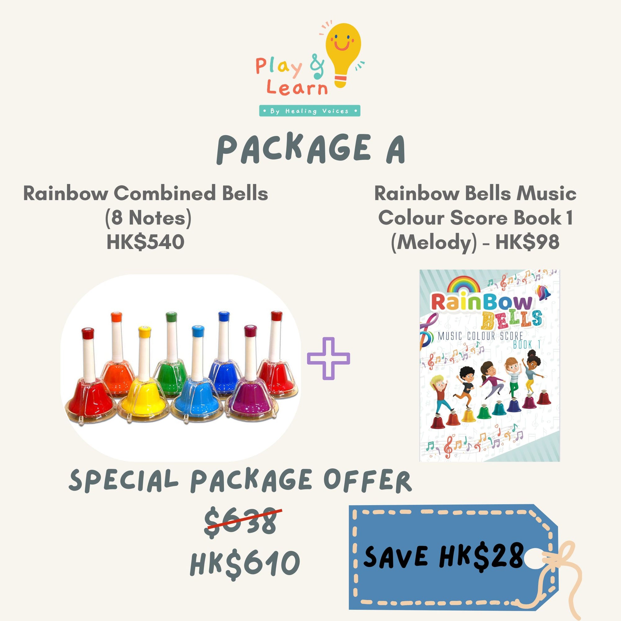 Package A: Rainbow Combined Bells (8 notes) + Rainbow Music Score (Book 1)