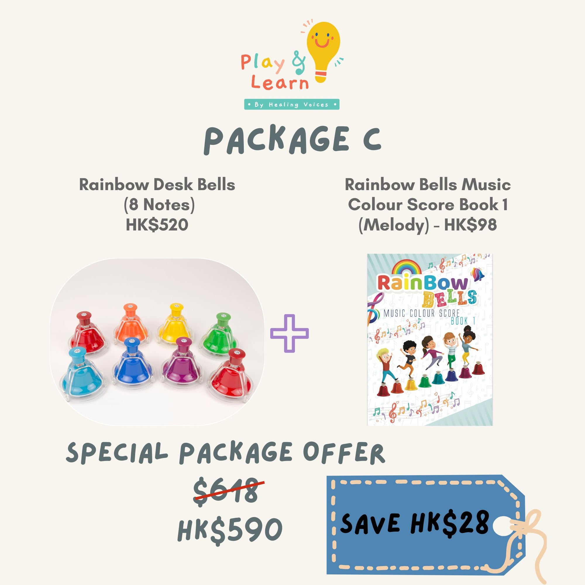 Package C: Rainbow Desk Bells(8 notes) + Rainbow Music Score (Book 1)