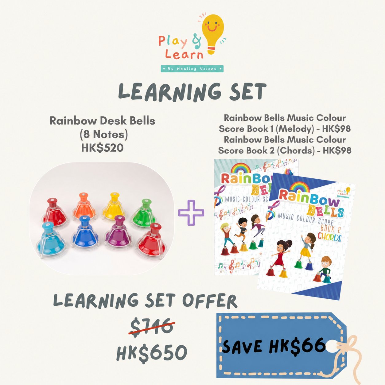 Desk Bell Note Chart Package D: Rainbow Desk Bells(8 notes) + Rainbow Music Score (Book 1,2 ...