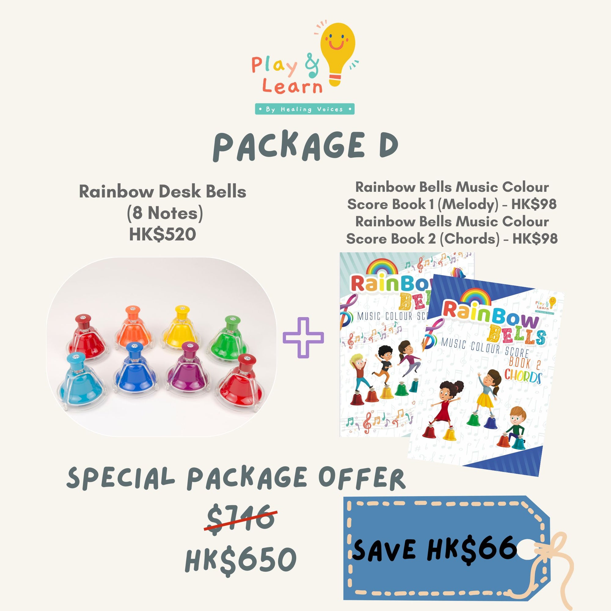 Package D: Rainbow Desk Bells(8 notes) + Rainbow Music Score (Book 1,2)